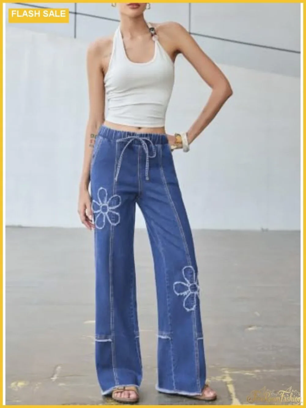 Y2K Wide Leg High Waist Baggy Jeans Stretchy Drawstring Floral Denim Pants